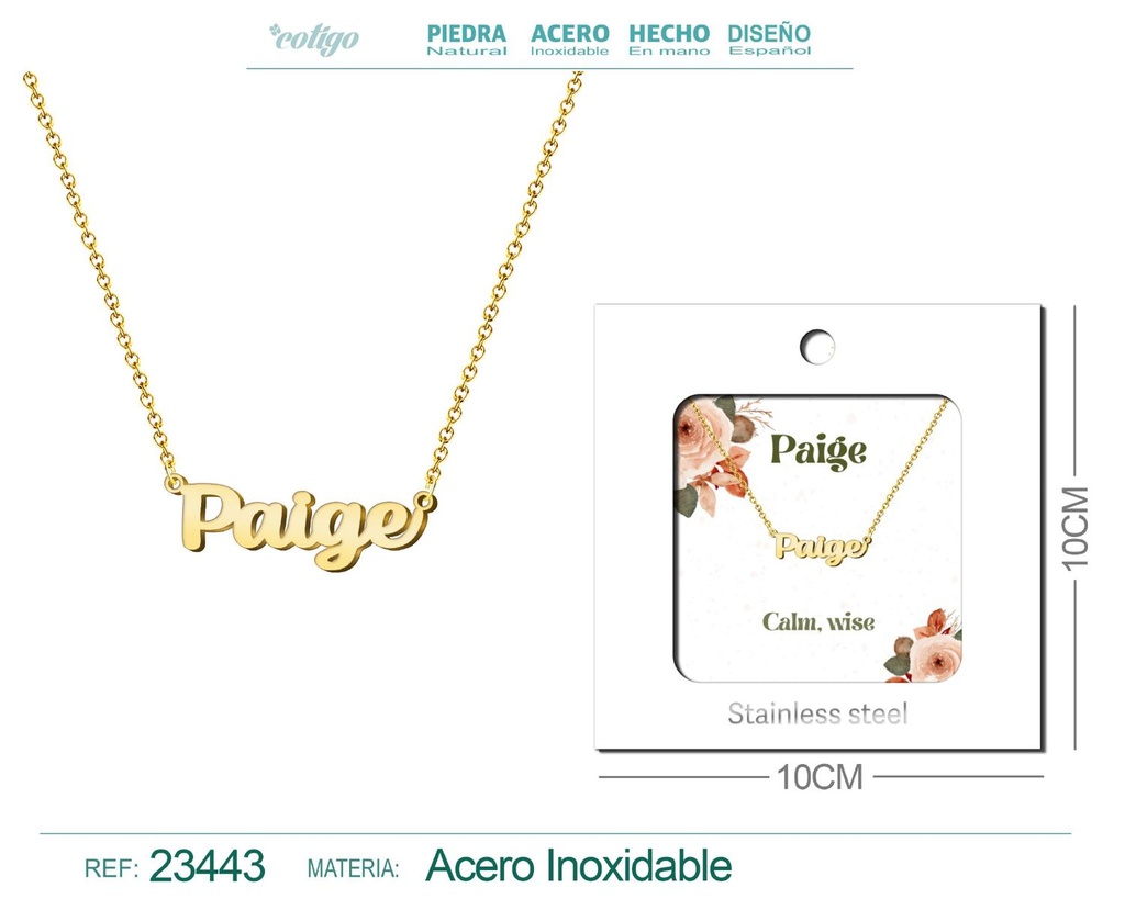 Collar de acero con nombre "Paige" en inglés con sobre - Joyería personalizada