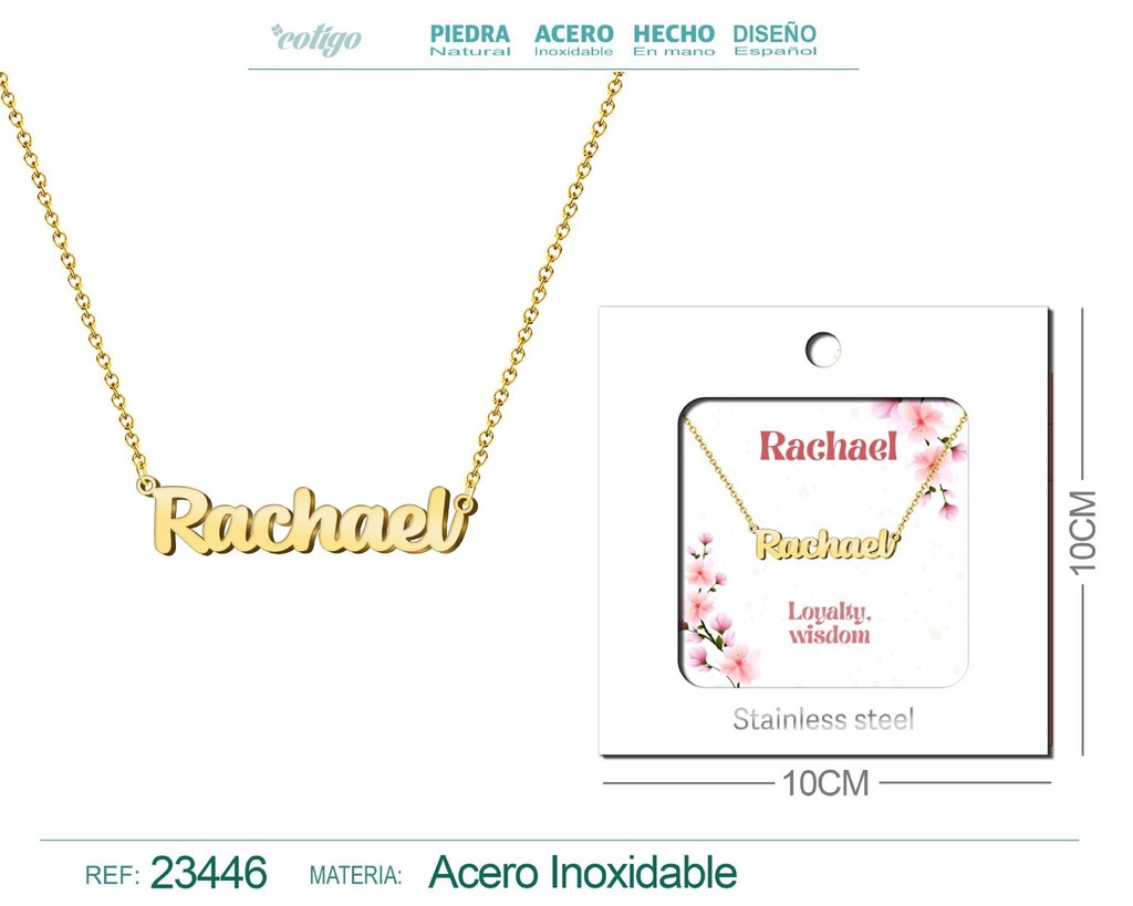 Collar de acero con nombre "Rachael" en inglés con sobre - Joyería personalizada
