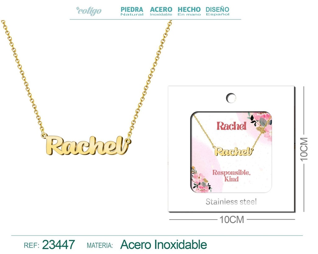 Collar de acero con nombre "Rachel" en inglés con sobre - Joyería personalizada
