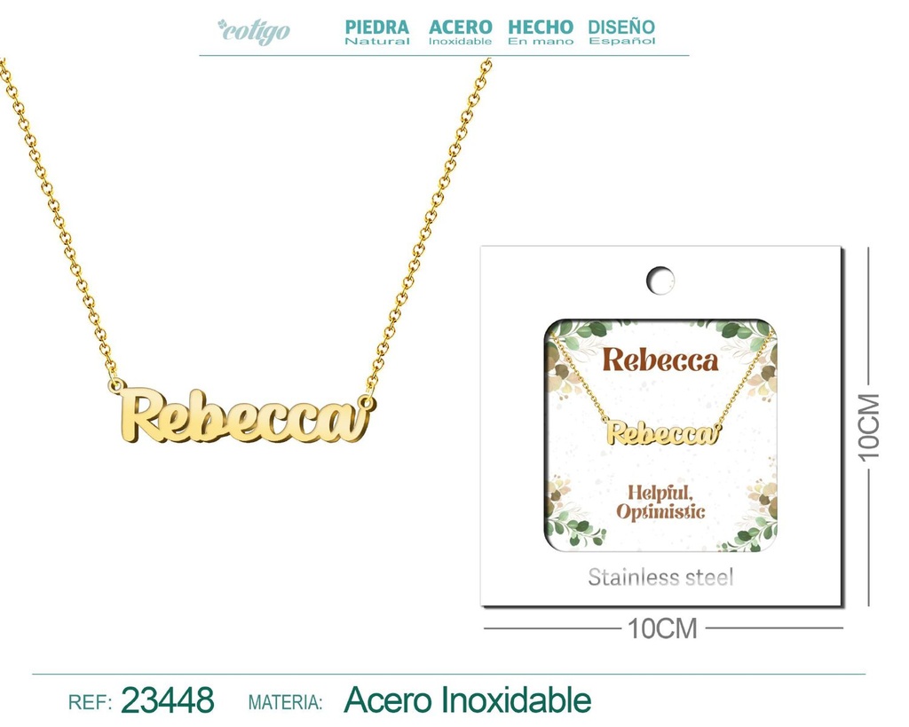 Collar de acero con nombre "Rebecca" en inglés con sobre - Joyería personalizada