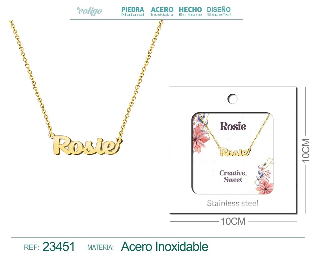 Collar de acero con nombre "Rosie" en inglés con sobre - Joyería personalizada