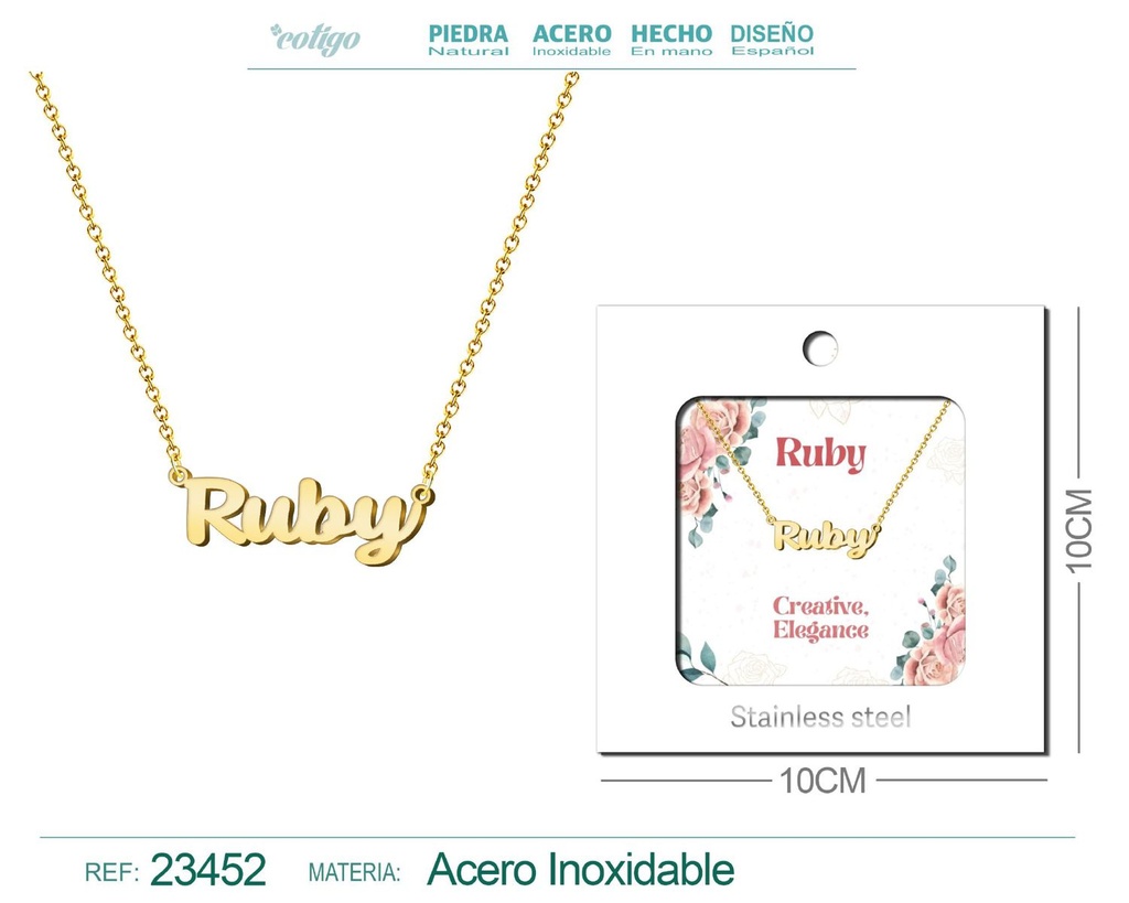 Collar de acero con nombre "Ruby" en inglés con sobre - Joyería personalizada