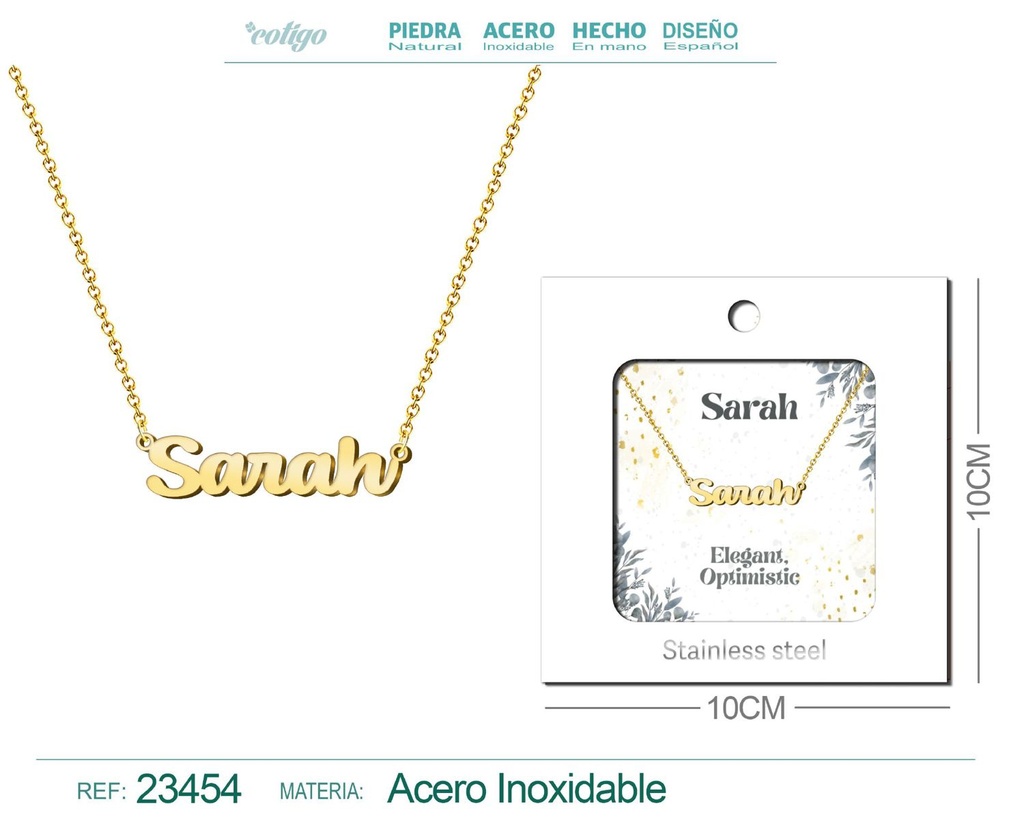 Collar de acero con nombre "Sarah" en inglés con sobre - Joyería personalizada