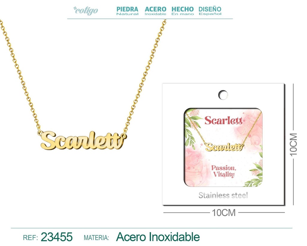 Collar de acero con nombre "Scarlett" en inglés con sobre - Joyería personalizada