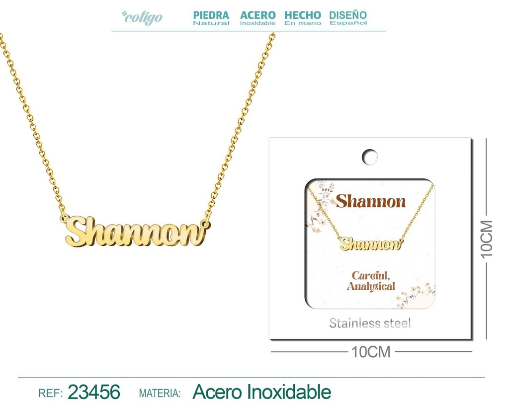 Collar de acero con nombre "Shannon" en inglés con sobre - Joyería personalizada