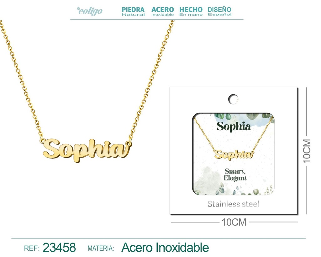 Collar de acero con nombre "Sophia" en inglés con sobre - Joyería personalizada