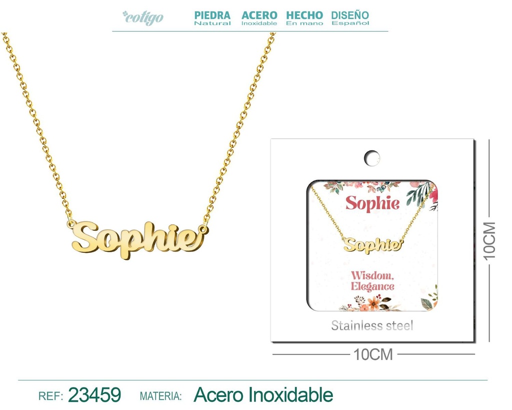 Collar de acero con nombre "Sophie" en inglés con sobre - Joyería personalizada