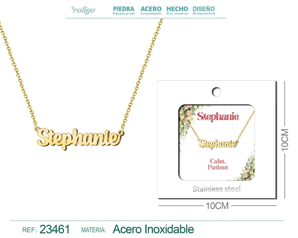 Collar de acero con nombre "Stephanie" en inglés con sobre - Joyería personalizada