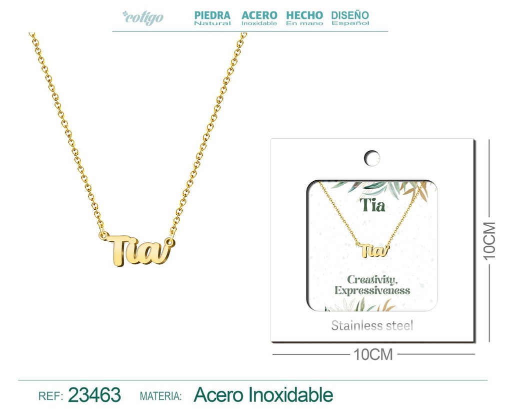 Collar de acero con nombre "Tia" en inglés con sobre - Joyería personalizada
