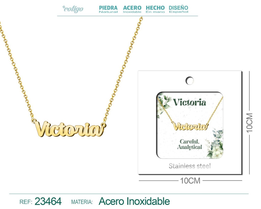 Collar de acero con nombre "Victoria" en inglés con sobre - Joyería personalizada