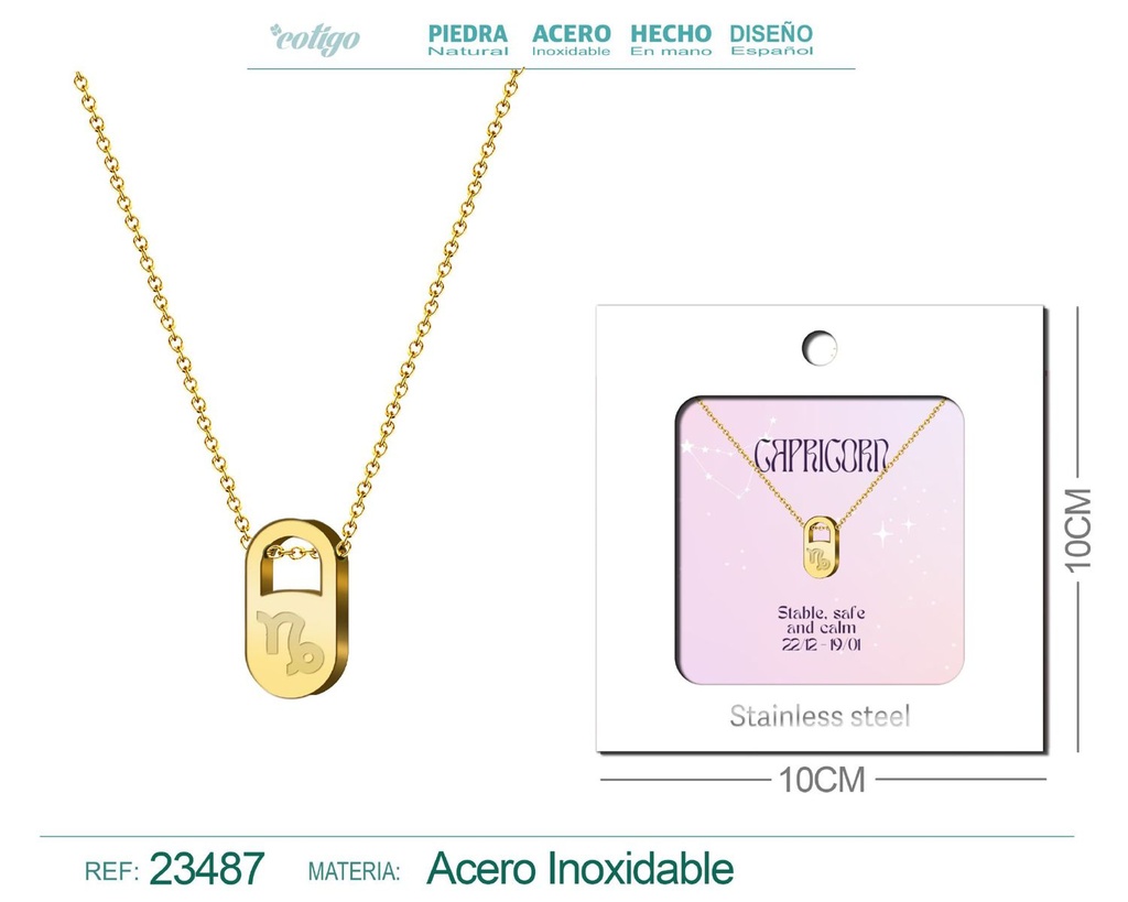 Collar de acero con zodiaco "Capricorn" en inglés y sobre - Joyería zodiacal
