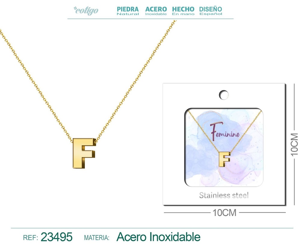 Collar con letra en inglés F de acero - Joyería personalizada