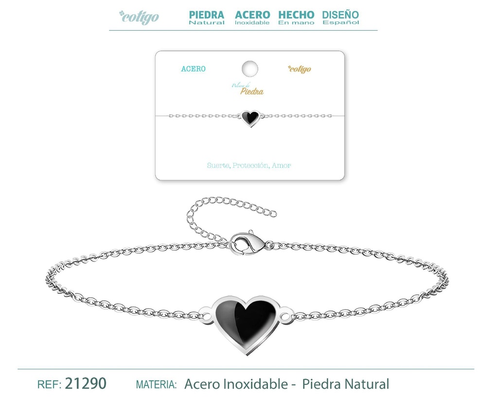 Pulsera de acero con corazón de ágata negra - Joyería única y elegante