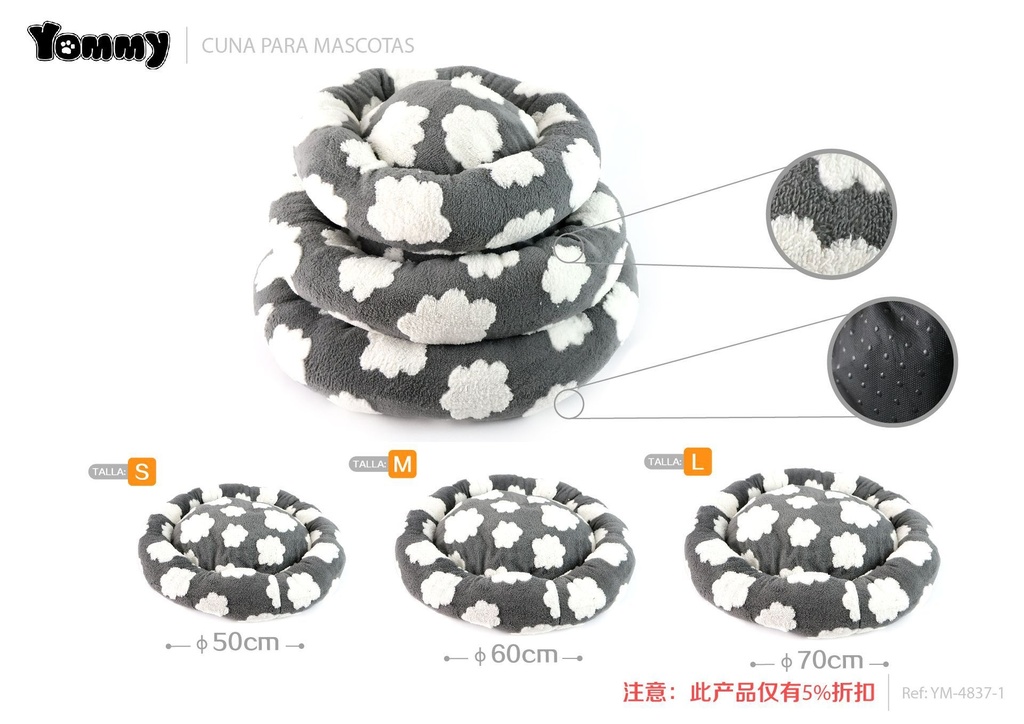 Cuna redonda de mascota de felpa - Set de 3 piezas - Gris