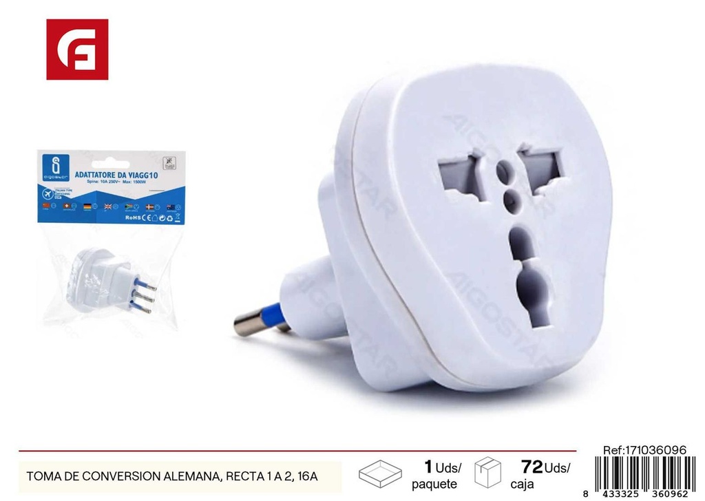 Toma de conversión alemana recta 1 a 2, 16A - Adaptadores de enchufe y accesorios eléctricos