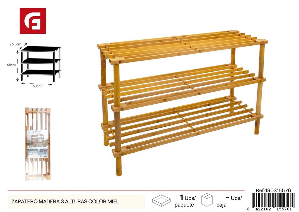 Zapatero de madera 3 alturas color miel - Decoración del hogar y estanterías