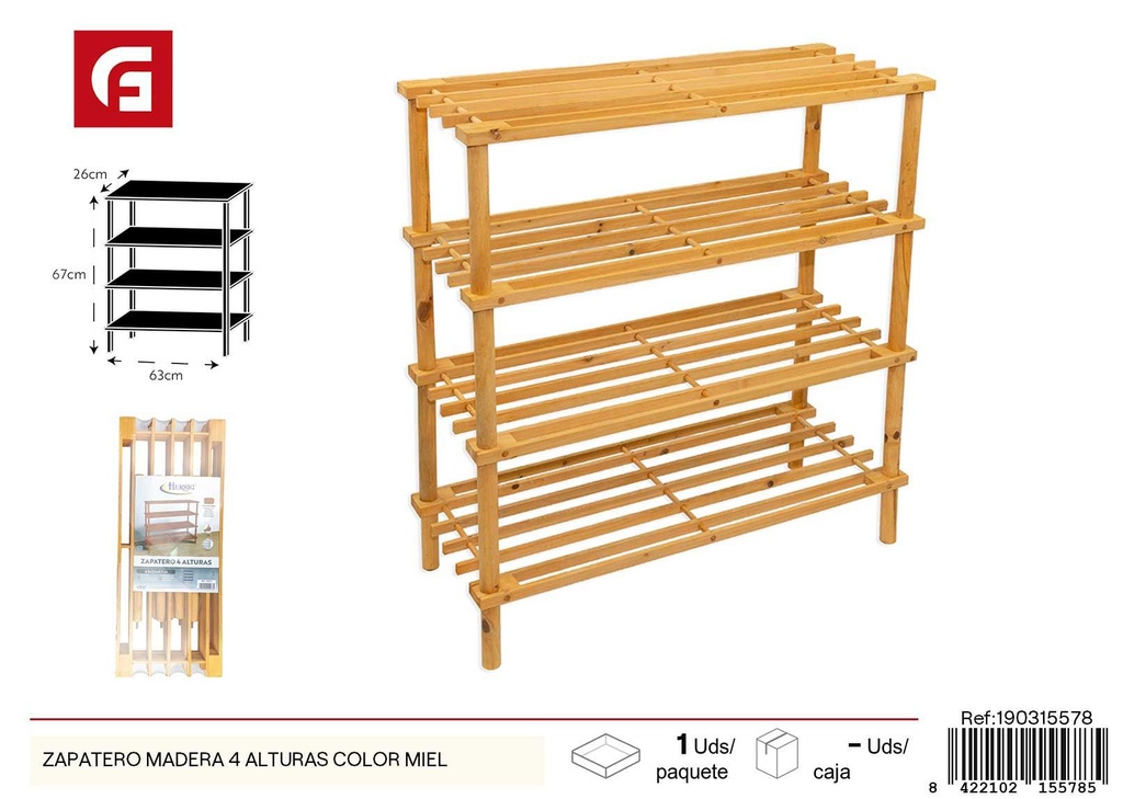 Zapatero de madera 4 alturas color miel - Artículos de decoración y estanterías