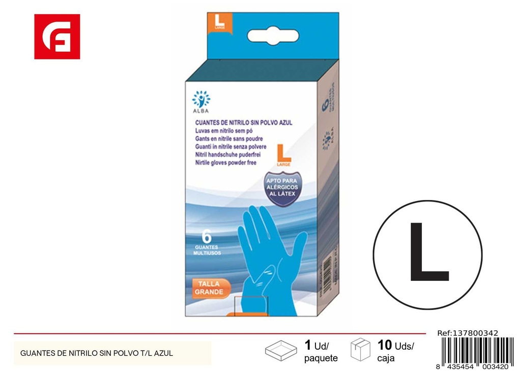 Guantes de nitrilo sin polvo talla L azul - Accesorios de limpieza y protección