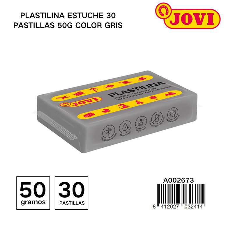 Plastilina en estuche 30 pastillas 50g color gris - Materiales de arte y manualidades