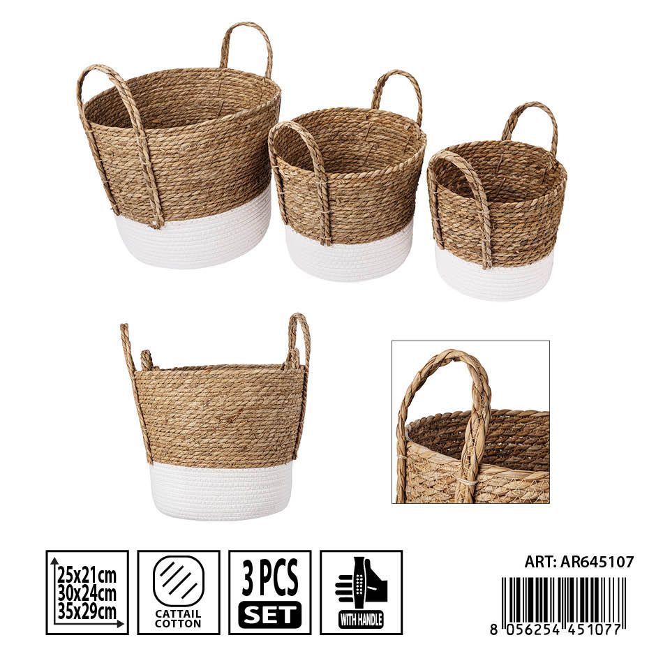 Juego de 3 cestas de mimbre con asas 25x21/30x24/35x29 cm - Cestas y almacenamiento