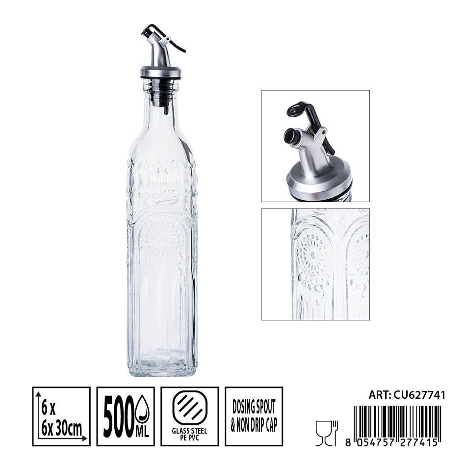 Aceitera de cristal con tapón 6x6x30 cm 500 ml - Botellas de vidrio para aceites