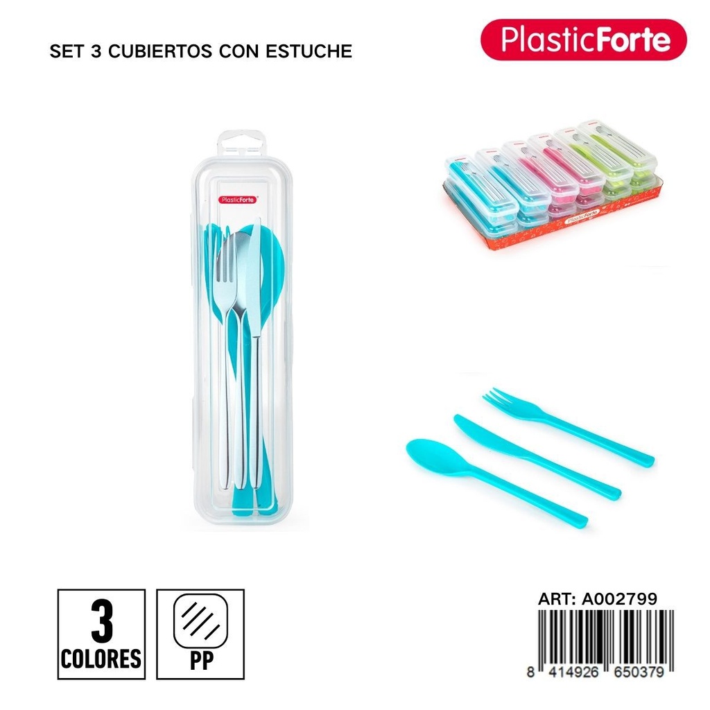 Set de cubiertos de plástico de 3 piezas con estuche - Utensilios de cocina para picnic
