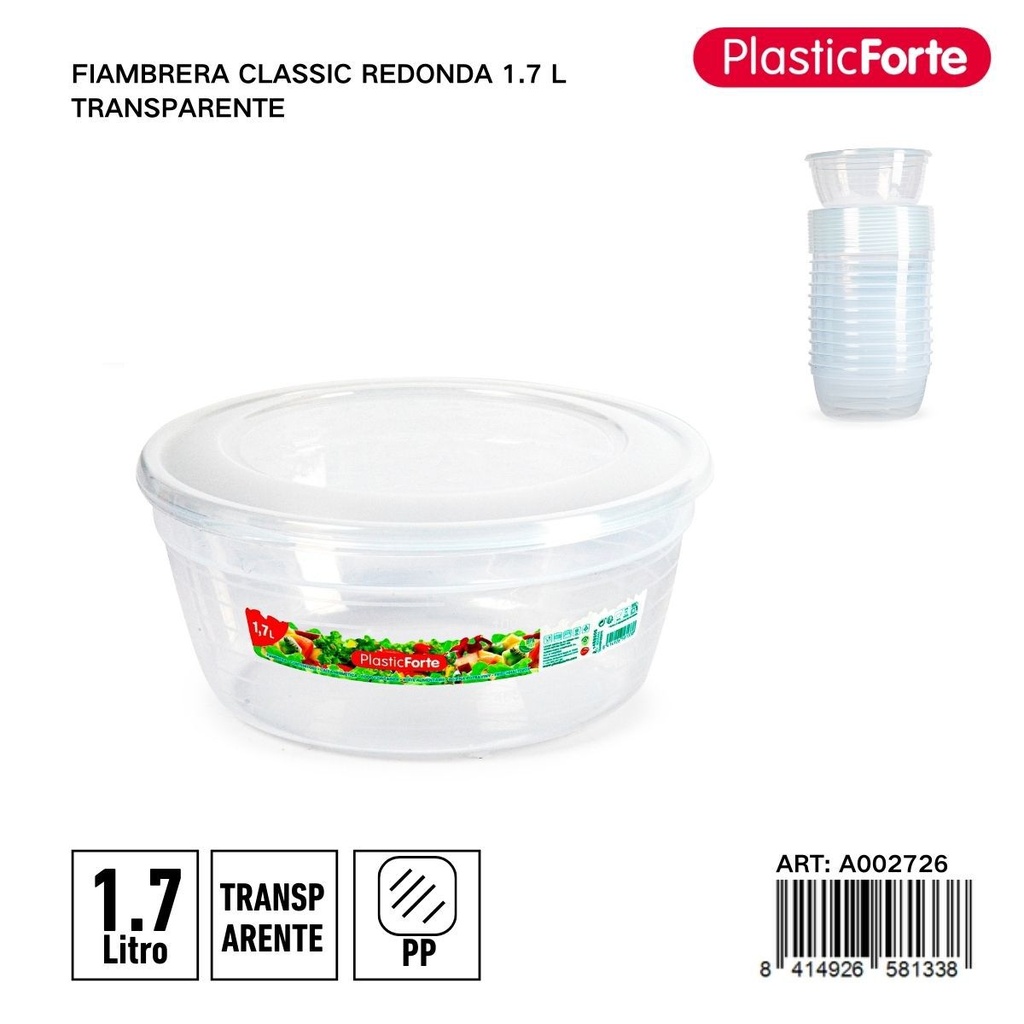 Fiambreera clásica redonda 1,7 L transparente - Envase para comidas y almacenamiento