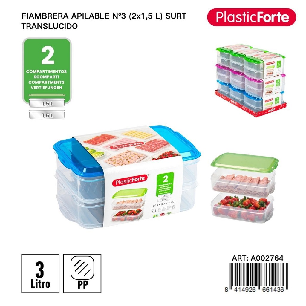 Set de fiambreeras apilables nº3 (2x1,5 L) surtido translúcido - Envases para llevar comida