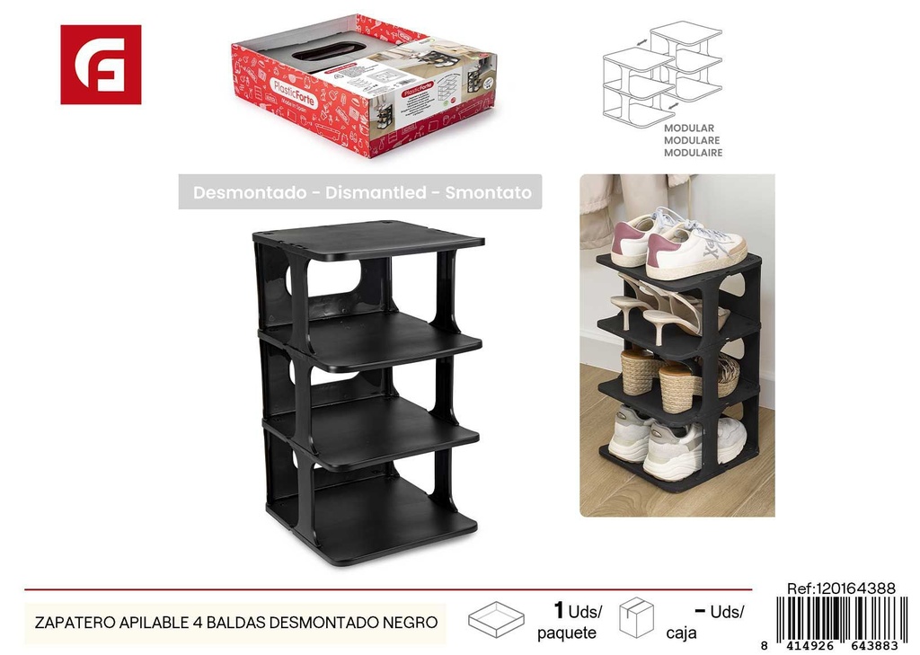 Zapatero apilable 4 baldas desmontado negro - Muebles de organización