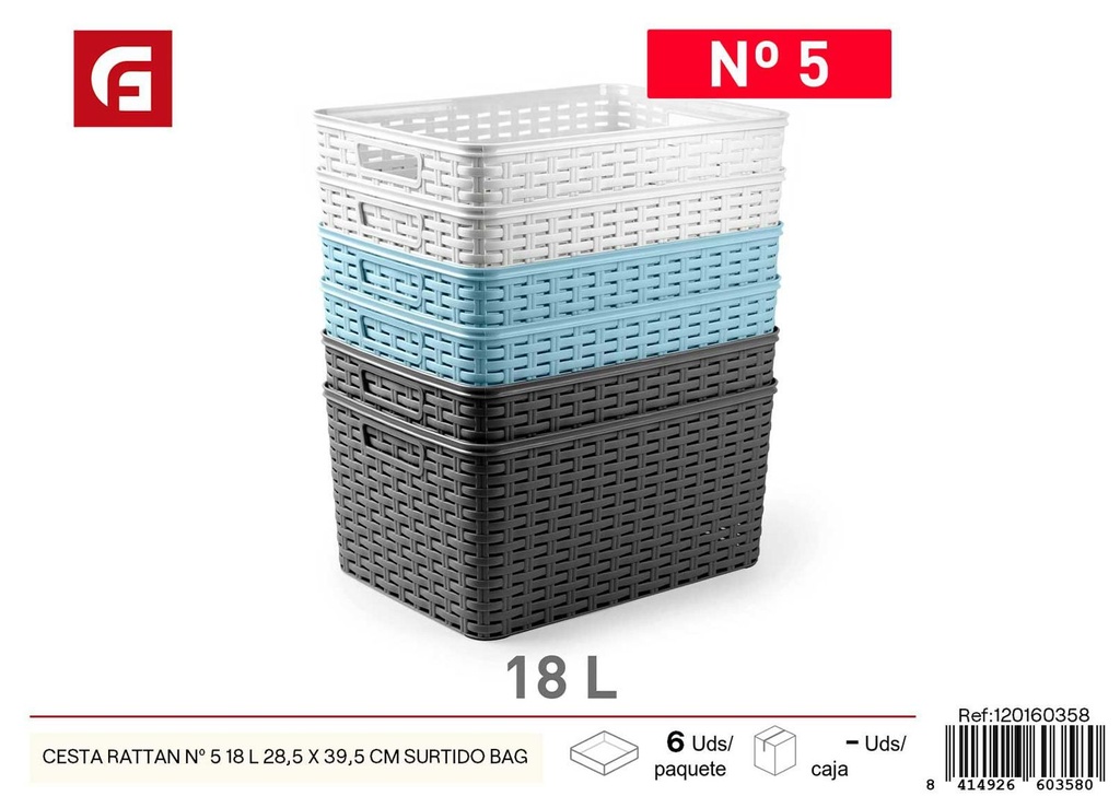 Cesta de mimbre de número 5, capacidad 18 L en color surtido, tamaño 28.5 x 39.5 cm - Accesorios de cocina
