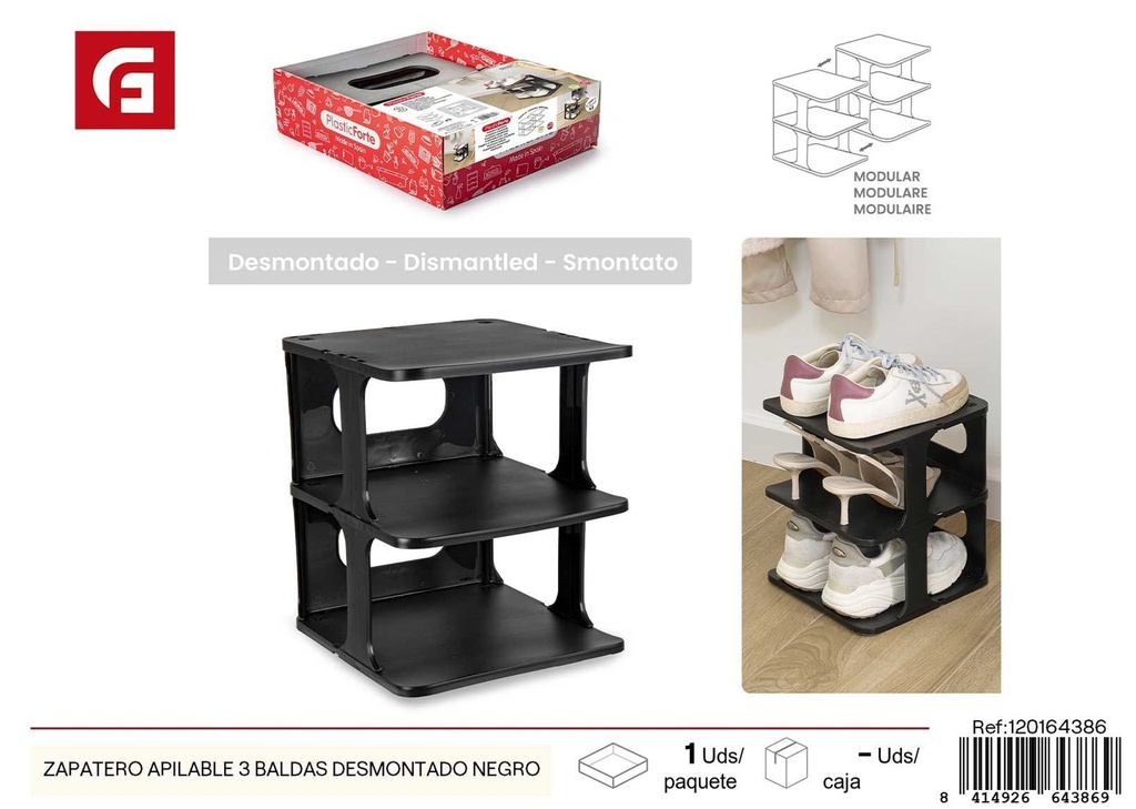Zapatero apilable 3 baldas desmontadas negro - Almacenamiento y decoración