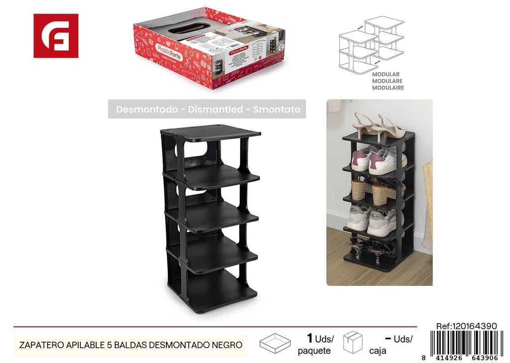Zapatero apilable 5 baldas desmontado negro - Muebles de decoración y organización de calzado