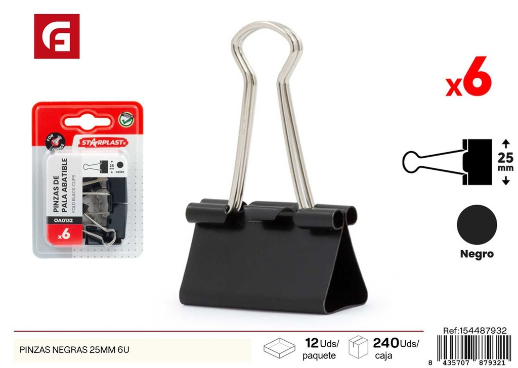 Pinzas negras 25 mm 6 unidades - Material de oficina y organización