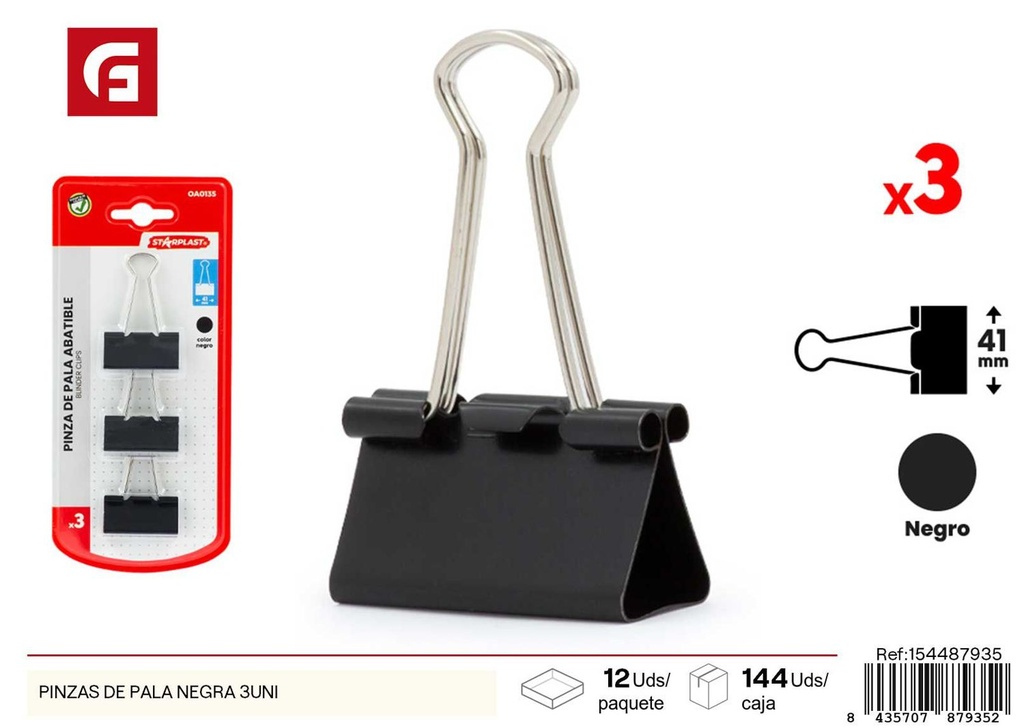 Pinzas de pala negras 3 unidades - Utensilios para oficina y clips