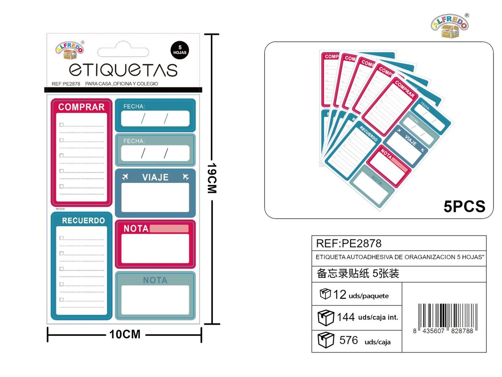 Etiqueta autoadhesiva de organización 5 hojas 10x19 cm - Material de oficina práctico