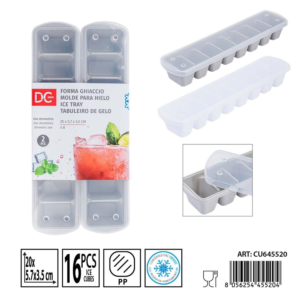 Kit de 2 moldes para hielo 8 cubitos con tapa 25X5.7X3.5CM - Moldes para hielo y cocteles