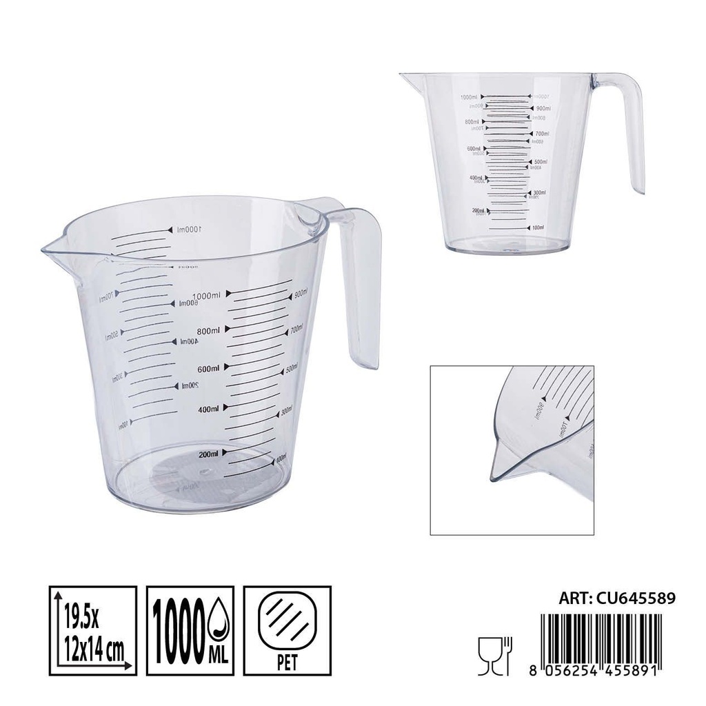 Jarra graduada de plástico 1000 ml 19.5x12x14 cm - Utensilios de cocina