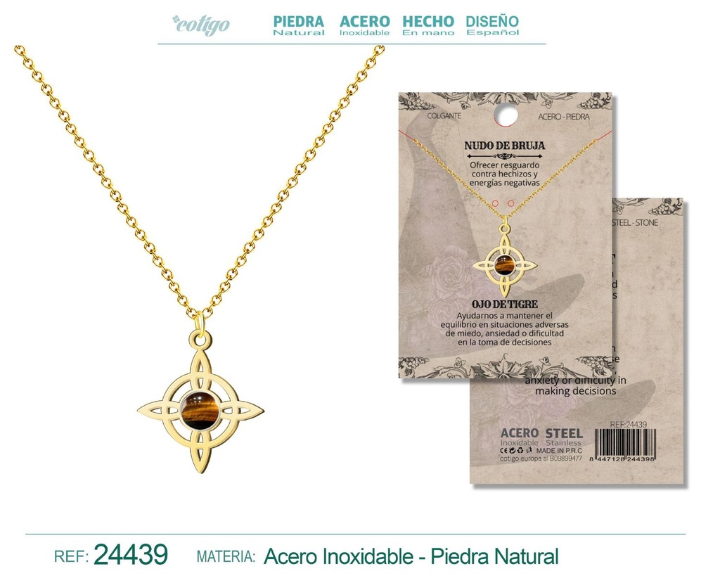Colgante Nudo de Bruja Acero dorado con Ojo de Tigre - Joyas y protección