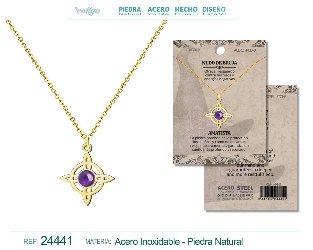 Colgante Nudo de Bruja Acero dorado con Amatista - Joyas y protección