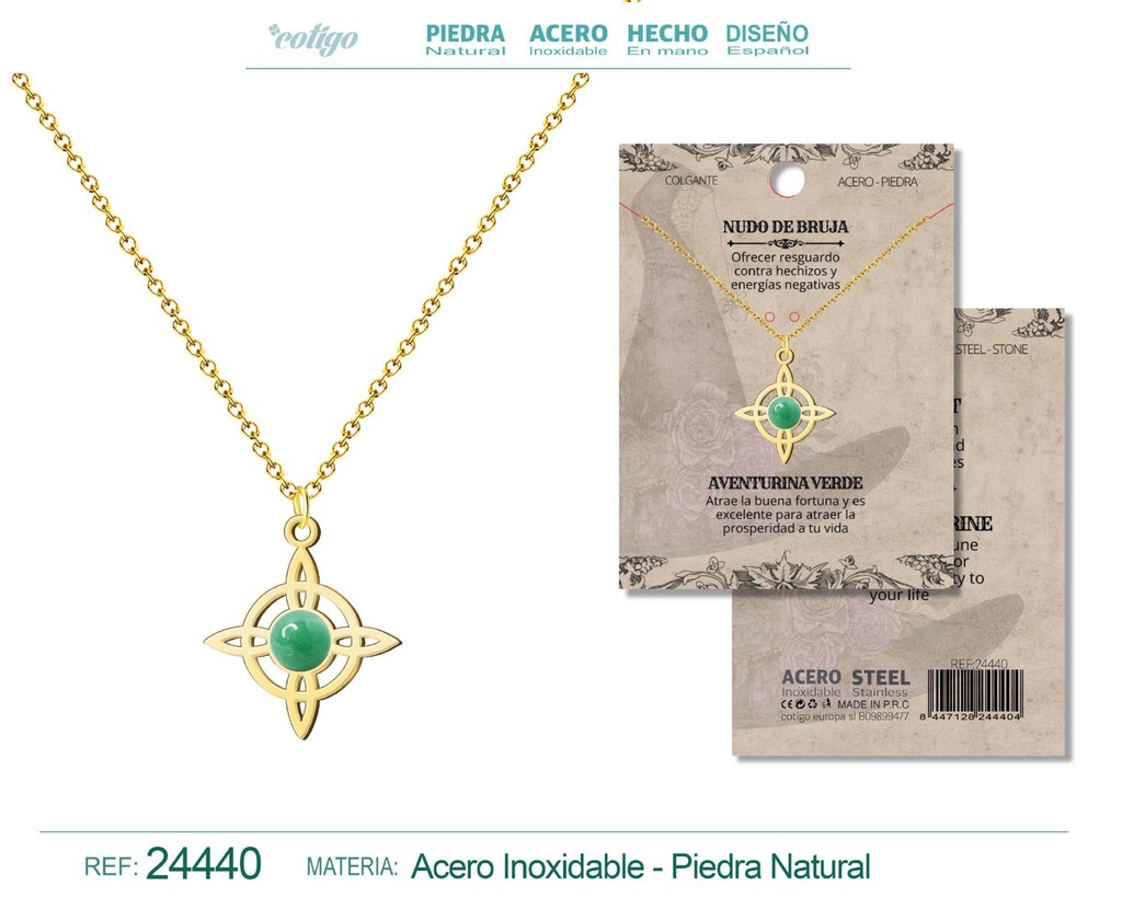 Colgante Nudo de Bruja Acero dorado con Aventurina Verde - Joyas y protección