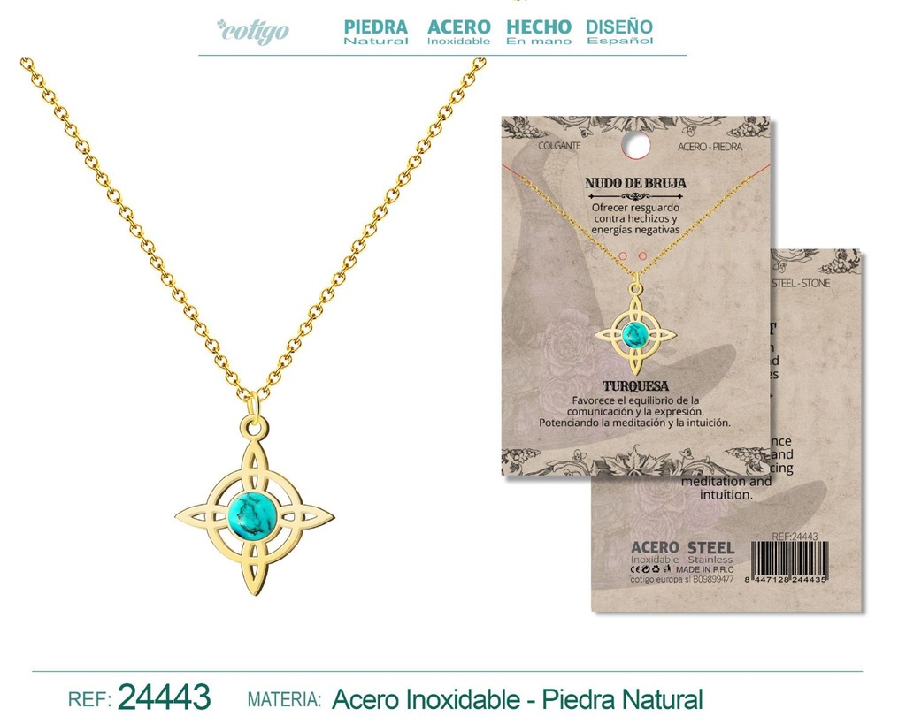 Colgante Nudo de Bruja Acero dorado con Turquesa - Joyas y protección