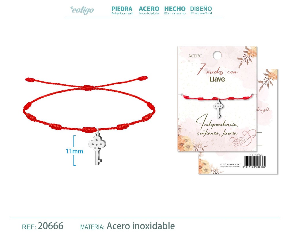 Pulsera de 7 nudos con Llave color plateado - Joyas de protección