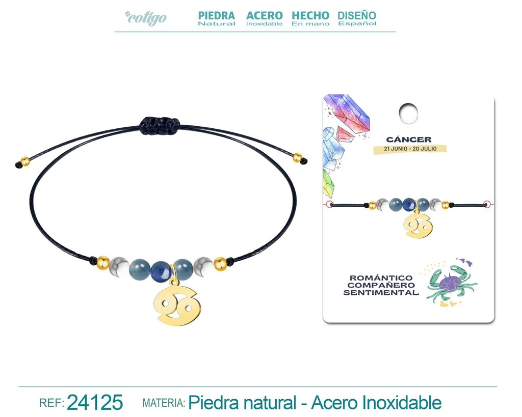 Pulsera de piedra natural con colgante Cáncer en acero dorado - Joyería zodiacal