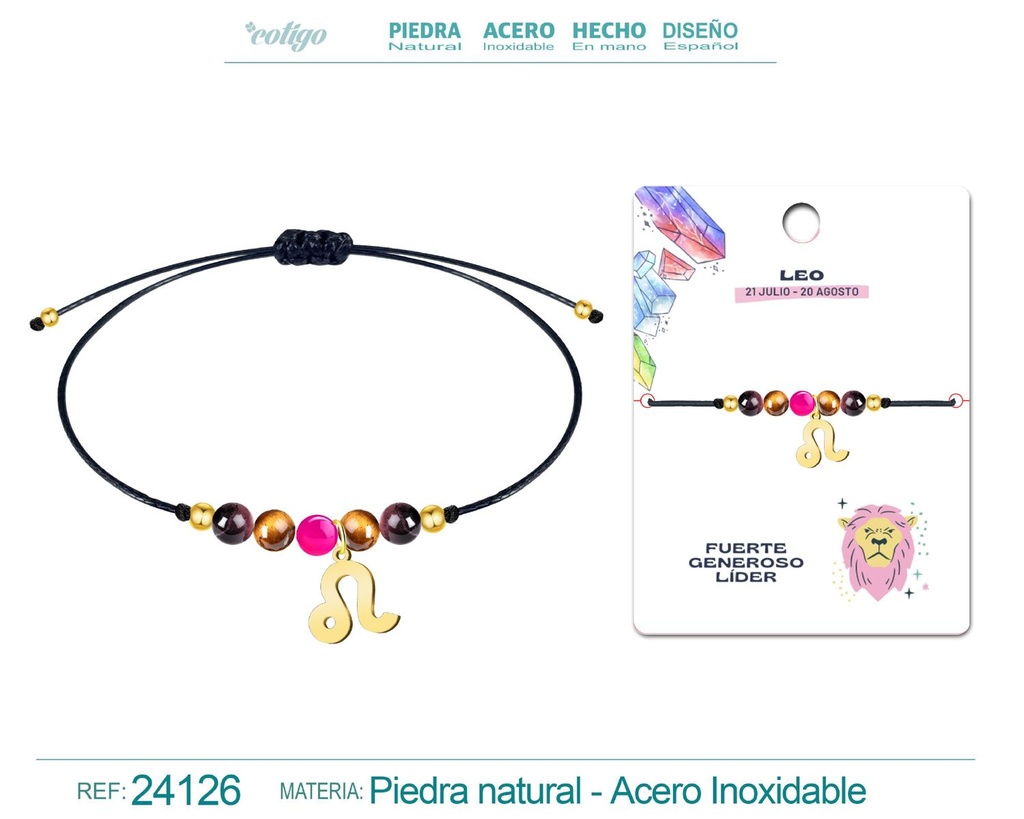 Pulsera de piedra natural con colgante Leo en acero dorado - Joyería zodiacal