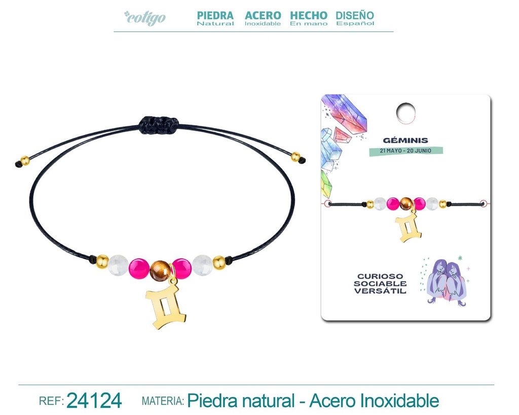 Pulsera de piedra natural con colgante Géminis en acero dorado - Joyería zodiacal