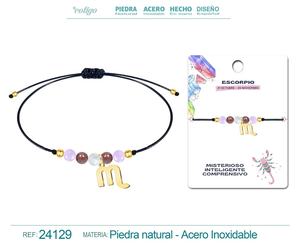Pulsera de piedra natural con colgante Escorpio en acero dorado - Joyería zodiacal