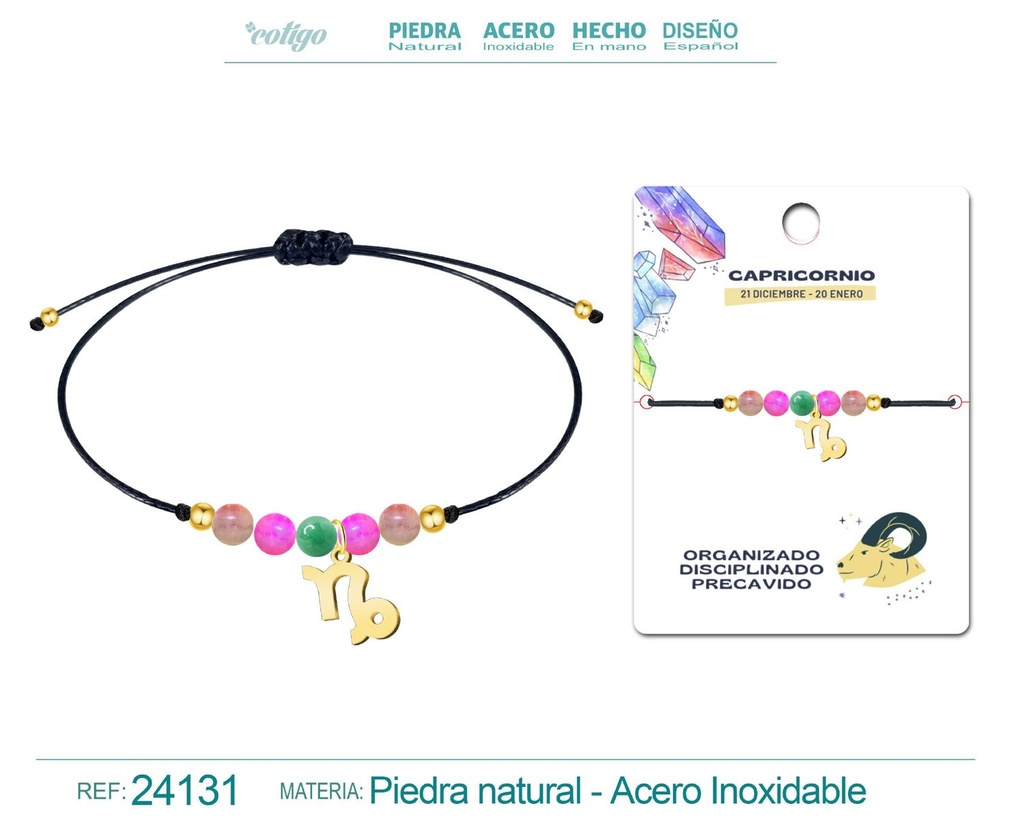 Pulsera de piedra natural con colgante Capricornio en acero dorado - Joyería zodiacal