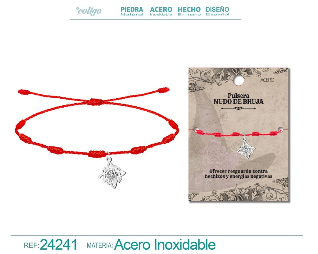 Pulsera 7 nudos con nudo de bruja de acero plateado - Joyería simbólica y protectora