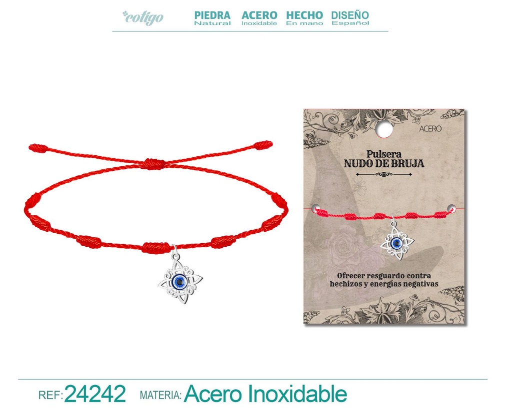 Pulsera 7 nudos con nudo de bruja de acero plateado - Accesorios de protección