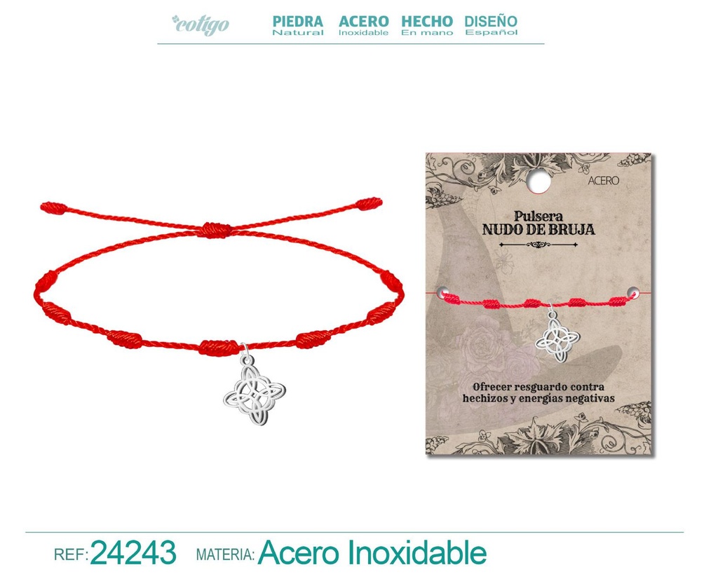 Pulsera 7 nudos con nudo de bruja de acero plateado - Joyería simbólica